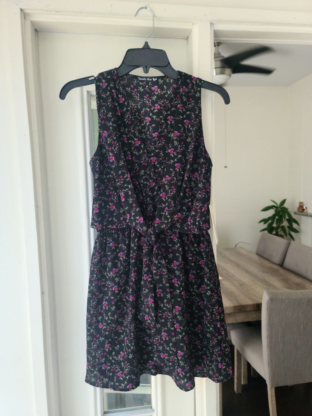 Double Zero Black Sleeveless Floral Tie-Waist Dress with Pink Accents